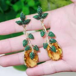 CWWZircons Super Luxury Green Cubic Zirconia Leaf Drop Big Yellow CZ Crystal Earrings for Women Unique Geometric Jewelry CZ811 210274Z