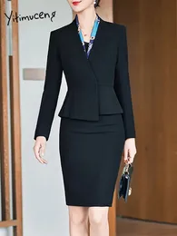 2ピースドレスYitimucengコントラストカラー女性スーツオフィスセットファッション長袖vネックスリムブレザーシックエレガントスカート231218