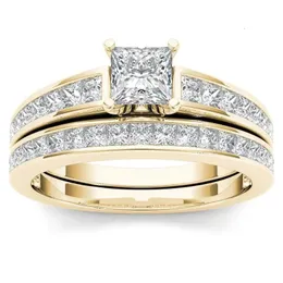 Solitärring, luxuriös, 2-teiliges Ringset, quadratische Form, Damen-Ehering, brillanter Zirkonia, eleganter Braut-, Ehe- und Verlobungsschmuck 231218