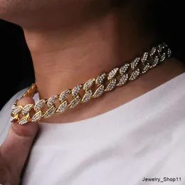 Hiphop 15mm bling isad ut kubansk länkkedja halsband set full diamant bling choker smycken