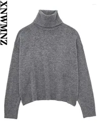 Kadın Sweaters Xnwmnz Moda 2023 Sonbahar/Kış Yüksek Boyun Örme Süveter Kadınlar Vintage Uzun Kollu Günlük Çözüm Kazak