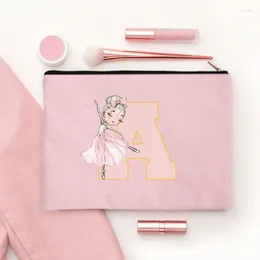 Cosmetic Bags Name Letter A-Z Ballet Dancer Bag For Women Pink Canvas Travel Accessories Make Up Pouch Case Toiletry Cute Purse