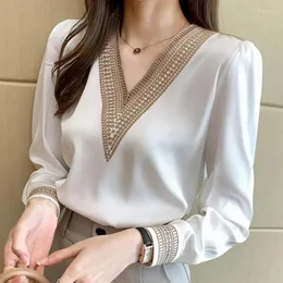 Shirts Women's Blouses Summer Embroidery VNeck Chiffon Blouse Shirt Women Long Sleeve Loose White Tops Blusas Mujer De Moda 2023 13366