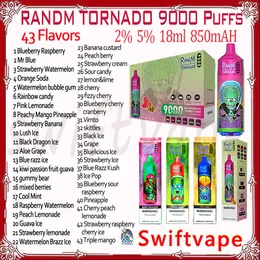 Оригинальная сигарета RandM Tornado 9000 Puff, одноразовая электронная сигарета Vape, 18 мл, 2% 5%, 850 мАч, аккумуляторная батарея, 43 вкуса, RGB Glow, 9K, стартовый комплект Vapes Pen, подлинная оптовая продажа.