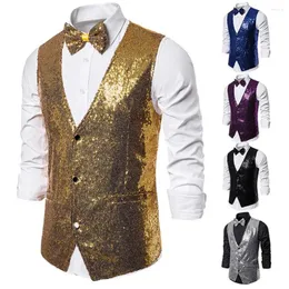 Men's Vests Men Polyester Suit Vest Single-breasted Jacket Sequin Sleeveless Slim Fit Bow Set For Stage Show Emcee