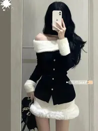 Two Piece Dress Girl Pure Sexy Suit Women's AutumnWinter Off Shoulder Halter Neck Longsleeved Top High Waist Mini Skirt Twopiece Set 231218