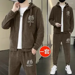 Tracksuits masculinos 2023 camisola com capuz jaqueta casual conjunto outono / inverno tendência solta veludo sportswear duas peças