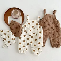 Jumpsuits Autumn Winter Baby Boys Suspender Rompers Cotton Padded Plus Thick Infant Boy Snowwear Hat Pocket Warm Toddler Boy Overalls 231218