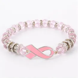 Breast Cancer Awareness Beads Bracelets Pink Ribbon Bracelet Glass Dome Cabochon Buttons Charms Jewelry Gifts For Girls Women260J