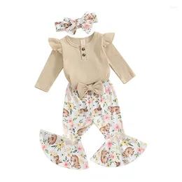 Clothing Sets Infant Baby Girl Easter Day Outfit Romper Pant Set Long Sleeve Ribbed Bodysuit Print Flare Headband