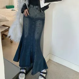 Kjolar biyaby y2k denim maxi kjol kvinnor sommaren nödlidande fiskstjärna kjolar kvinna vintage hög midja bodycon a-line kjol 231218