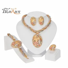 African Jewelry Charm Women Necklace Earrings Dubai Gold Jewelry Sets for Women Wedding Bridal Bracelet Ring Pendant Jewelry Set 23194