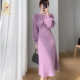 Jeans Hma Women Knitted Dress New Autumn and Winter Slim Waist Temperament Lantern Sleeve Sweater Long Dress