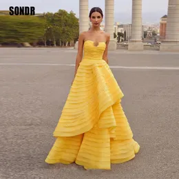 Party Dresses SONDR Evening Dress Gold Yellow Tiered Satin Prom Special Occasion Floor Length Sleeveless Formal Event Gown