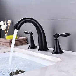 Bathroom Sink Faucets Tianview Black Retro Full Copper And Cold Basin Faucet Double Handle Three-hole Split Three-piece Gold