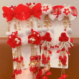 Hair Accessories Tassel Children Red Hairpin Simple Cloth Flower Chinese Year Headwear Girl Bowknot Hanfu