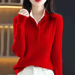 Mulheres suéteres outono inverno lã suéter mulheres falso duas peças gola de malha pulôver coreano magro femme jumper casual selvagem malha tops 231218