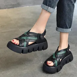 Sandały letnie lekkie skórzane modne buty rzymskie gęste podeszwy vintage sandalias peep palec chaussures femme sandales 582 261