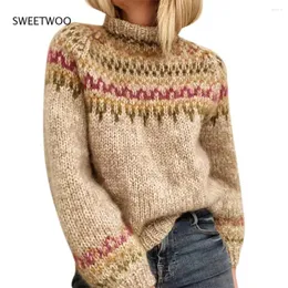 Kadın Sweaters Belvtleneck Kadınlar Vintage Uzun Kollu Külot Örme Gri Kayıtlı Kış Jakard Jumper Giysileri Kadın Boho