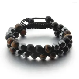 Strand Double Layered Natural Tiger Eye Stone Men's Woven Adjustable Black Magnet Yoga Bead Bracelet