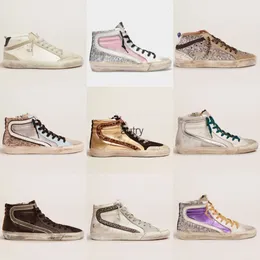 Itália Marca Mid Slide Star High-Top Estilo Mulheres Superstar Sneakers Sapatos Casuais Designer Rainers Lantejoulas Clássico Branco Do-Old Dirty Men Sapato 014