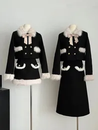 Tweedelige Jurk Hoge Kwaliteit Dikke Warme Winteroutfits Voor Vrouwen Set Luxe Mode Faux Kraag Boog Jasje Rok 2 Pakken 231218