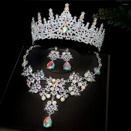 Colar brincos conjunto luxo prata ouro cor ab cristal noiva jóias flor gargantilha strass coroa vestido de casamento