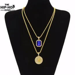 Whole-Micro Ruby Red  Jesus Face Pendant Chain Necklace Set for Men High Quality Zinc Alloy Iced Out Hip Hop Jewelry New Arri265M