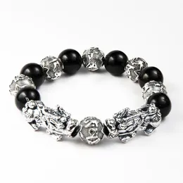 Feng Shui Glücksarmband aus vergoldetem antikem Silber, doppeltes Pixiu-Armband, Naturstein-Obsidian-Perlen-Armband für Herren277n