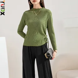 여자 T 셔츠 Yudx Miyake 패션 바닥 셔츠 캐주얼 한 느슨한 스트레치 단단한 긴 소매 중장비 다목적 주름 블라우스 2023