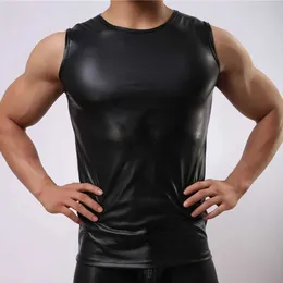 남자 탱크 탑 남자 모조 pu 검은 가죽 둥근 목 탱크 탑 젖은 조끼 속옷 섹시한 슬림 형태의 체육관 스포츠 민소매 T-Shirtl231218