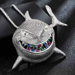 New Trendy 18K White Gold Plated Full Bling Iced Out Cz Big Shark Necklace for Men Women Fashion Bar DJ Jewelry Jewelry