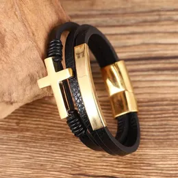 Punk Fashion Bangles Black Cross Inledande rostfritt stål vävt handgjorda läderarmband Charms Golden Mens Letter Jewelry12511