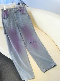 Jeans da donna Oiinaa Blu Strappato Donna Y2k Streetwear Pantaloni dritti coreani a vita alta con bottoni in colore a contrasto