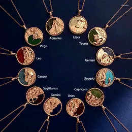 Anhänger Halsketten 12 Zodiac-Zeichen halbwichtige Steine ​​Halskette kreative Design-Münze Langes Pulloverkette für Frauen Schmuck