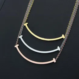 New Arrive Fashion Classic Lady 316L Titanium steel Smile Lettering 18K Plated Gold Necklaces With Double T Letter Pendant 3 Color244L