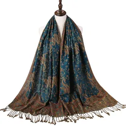 Eşarplar Pashmina İpek Eşarp Şal Sarma Paisley Jakar Çiçek Sınırları Çırpın 2 Katmanlar Tersinir Klasik Püsküller Kadınlar İçin 70x180cm 200g 231216