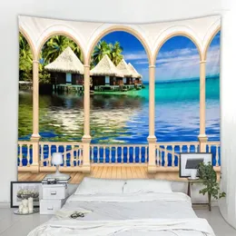 Tapestries 3d Noordse raamzee uitzicht Decoratief tapijt Art Decoratie Dekengordijn Hangen in Home Slaapkamer Woonkamer