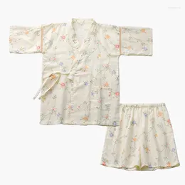 Ethnic Clothing Style Kimono Pajamas Women Cotton Double Yarn Short Sleeve Shorts Tied Cardigan Sweat Steamed Home Dress All Thin