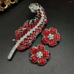 Brincos de pino pena pino vermelho gem flor luz luxo premium broche acessório conjunto jóias para mulher 2024 tendência