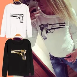 Felpe 2015 New Hot Fashion Nice Style 3D Gun Stampa Donna Felpe con cappuccio Manica lunga Felpe allentate Top Camicetta DF253