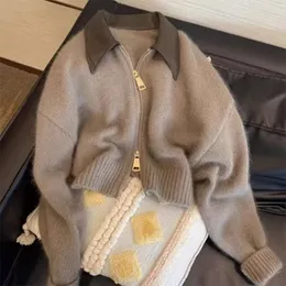 Inspirowane patchworkiem patchwork skórzany kołnierz podwójny zamek błyskawiczny sweter dla kobiet w 2023 roku/zima nowe miękkie i unikalne vintage top