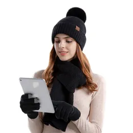 Дизайнерские шарфы Женщины Зимние вязаные шляпы набор теплые женские черепа шапочки милые помпонные шляпы лыжная шапка с шарфом и перчатками