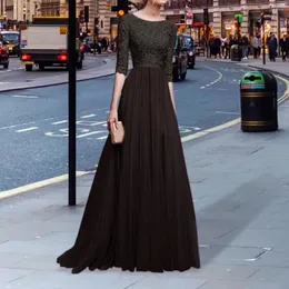 Casual Dresses Chiffon Long Dress Elegant spets broderad maxi kväll med halv ärmar veckade golvlängd kjol för kvinnors prom