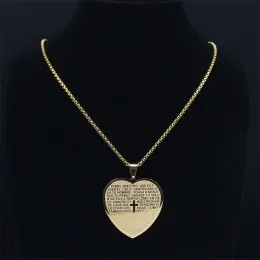 Katolsk Holy Bible Vers Projection Cross Heart Necklace 14K Yellow Gold Spanish Religious Chain Jewelry Colar Feminino
