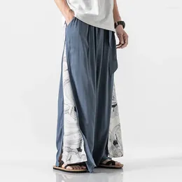 Ethnic Clothing Cotton Linen Pants Chinese Style Men's Clothes With Wide Leg Stories Are Inlaid Retro Casual Summer .