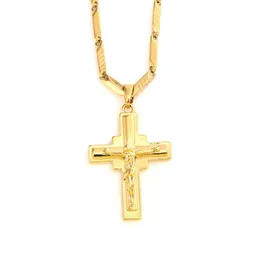 Men's Cross Pendant 18 k Solid Fine Yellow Gold GF Charms Lines Necklace Christian Jewelry Factory God gift216L