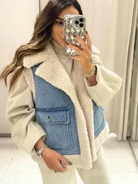 Mulheres de pele falsa moda lã lapela jeans colete para mulheres inverno sem mangas retalhos bolsos colete feminino elegante lambswool quente chique tops 231218