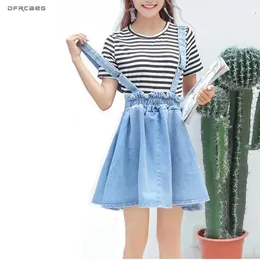 Jeans Blue Suspender denim Pleated kjolar Kvinnor 2019 Summer Elastic High midje Casual School Strap Jean Short Kirt kvinnliga Saia Jeans