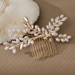 Grampos de cabelo pérolas de casamento pente acessórios de noiva headpiece folhas douradas cocares para mulheres na moda decoração jóia